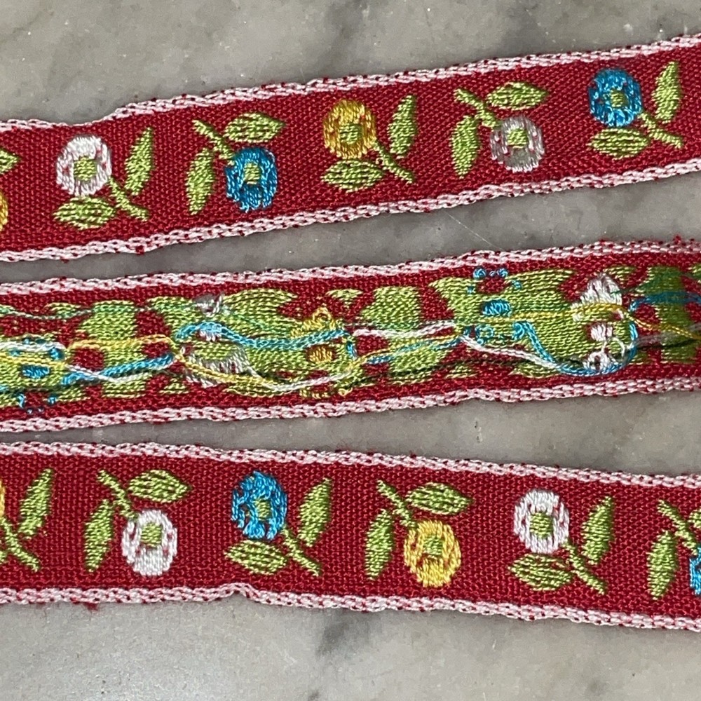 Vintage Red Jacquard Ribbon | 75″ Repeating Flowers | Craft Ethnic European