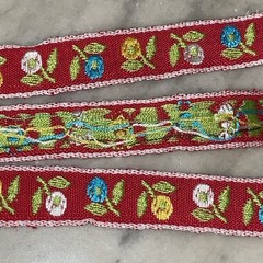 Vintage Red Jacquard Ribbon | 75″ Repeating Flowers | Craft Ethnic European