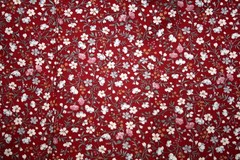 WHITE AND PINK FLOWERS ON MAROON BY JOAN KESSLER – 100% COTTON FABRIC