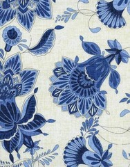 BTY Caprice Delft Blue Jacobean Floral White Linen Texture Cotton Fabric By Yard