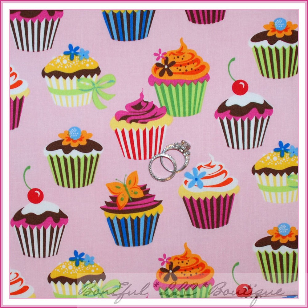 BonEful Fabric FQ Cotton Quilt Pink Sweet Heart Girl Cupcake Cherry Birthday Dot