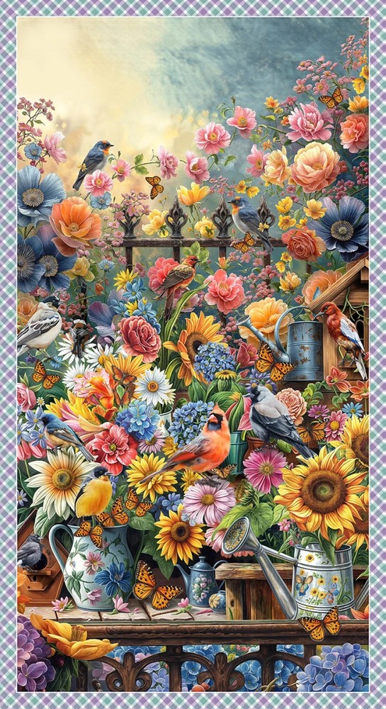 Florinda Francesco Moretti Panel Flower Garden with Birds 24 x 43 inches