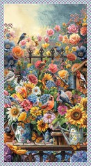 Florinda Francesco Moretti Panel Flower Garden with Birds 24 x 43 inches