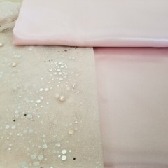 Pink Beaded Tulle Fabric 1yd x 66″W + Pink Satin Remnants 1yd 60″W Matching