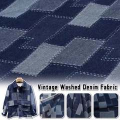 Vintage Washed Denim Fabric Rectangular Grid Splicing Fabric For Jacket Pant DIY