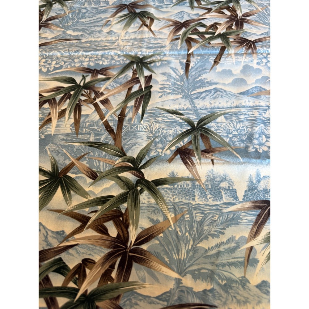 Vintage Hoffman Tropical Scenic Fabric Blue Palm Trees Island Huts 1.5 Yards
