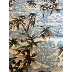 Vintage Hoffman Tropical Scenic Fabric Blue Palm Trees Island Huts 1.5 Yards