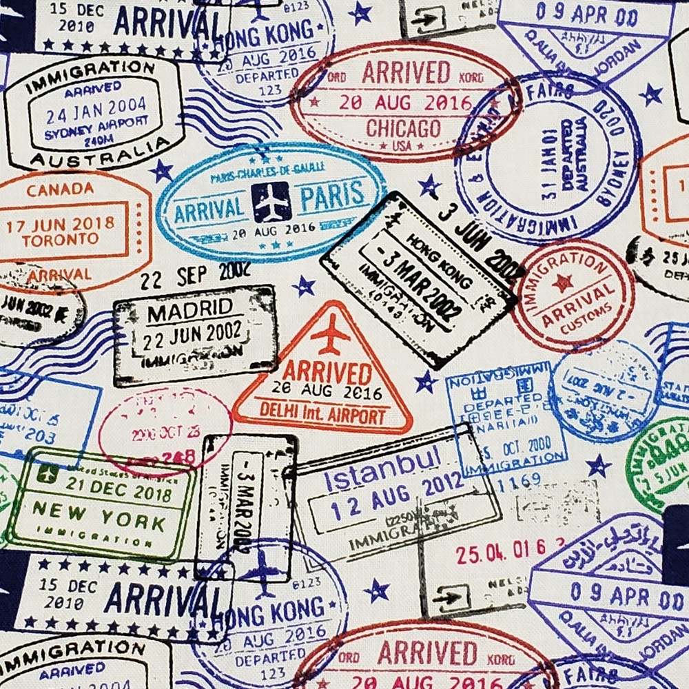 fabric traditions Travel Stamp Fabric Passport Print Cotton Sewing Quilt 1 yard