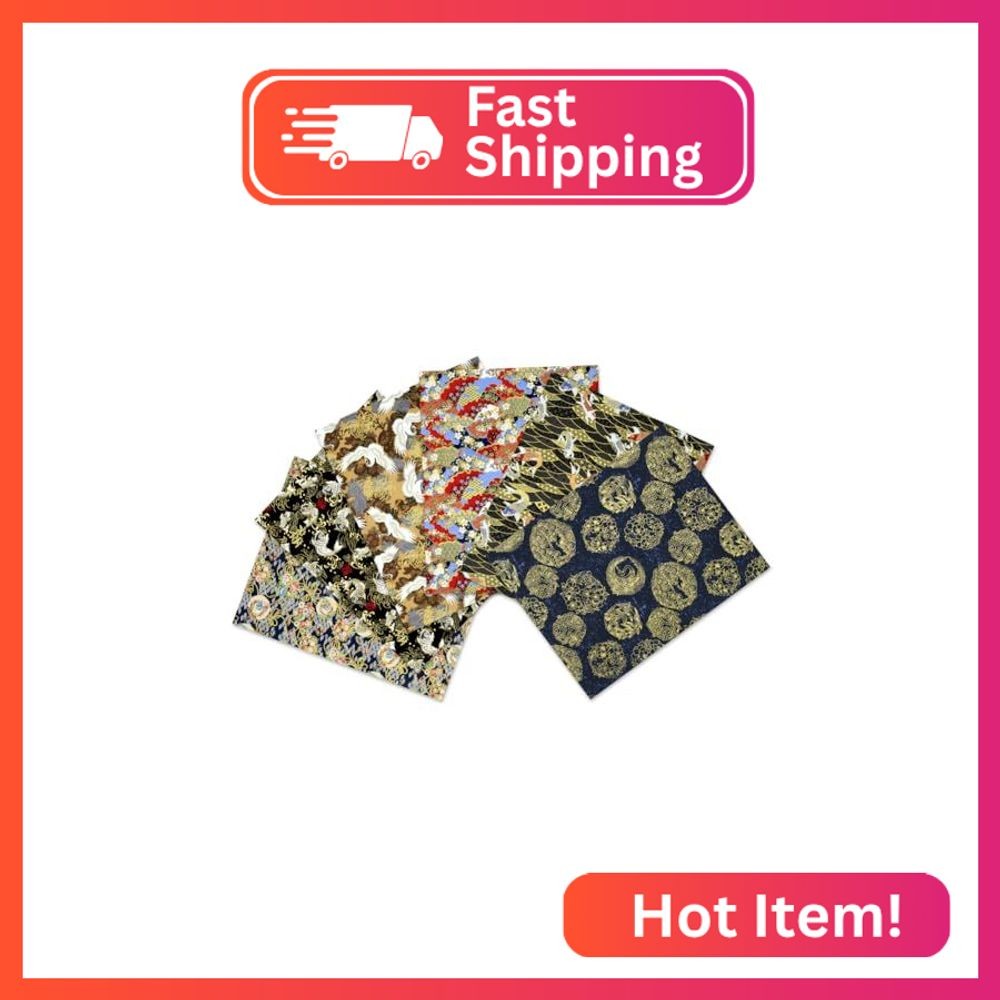 Japanese Fabric Squares 6 Pcs, 6 Different Black Wrapping Cloth Fish Floral Red