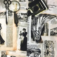 Vintage French Fashion Newspaper Scissors Compass Sewing Cotton Fabric 1/2 Yard