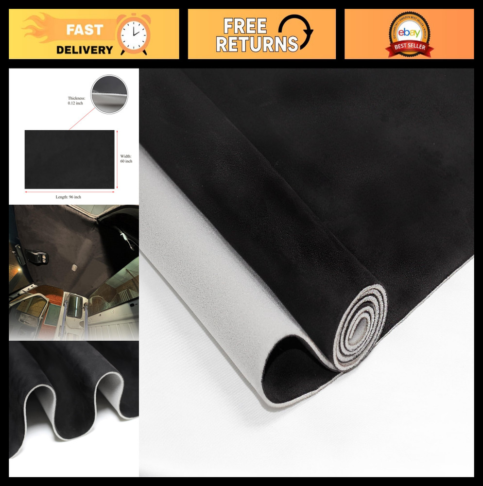 Black Suede Headliner Fabric with Foam Backing for Car, Truck, SUV, RV – 96″x60″