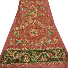 Sanskriti Saskriti Vintage Combo Of Design Fabric Hand Beaded Craft Dark Red Dre
