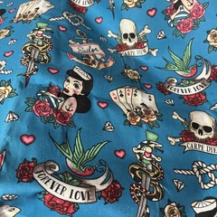 2019 Fabric Retro Sailor Tattoo Pin Ups Anchors Skulls Cotton Blue Multi 18×44″