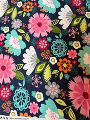 Fabric Lot 2 Yds 18 Ins 42 W Floral Op Art Flowers Home Decor Navy Pink Aqua