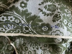 VTG Olive Green Silver Grey Woven Jacquard Damask Drapery Or Upholstery Fabric
