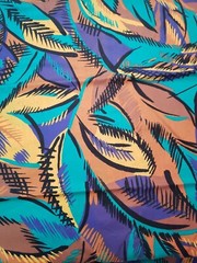 Vtg Burlington Studios Tropical Jungle Printed Fabric Teal Brown Purple 60″x72″