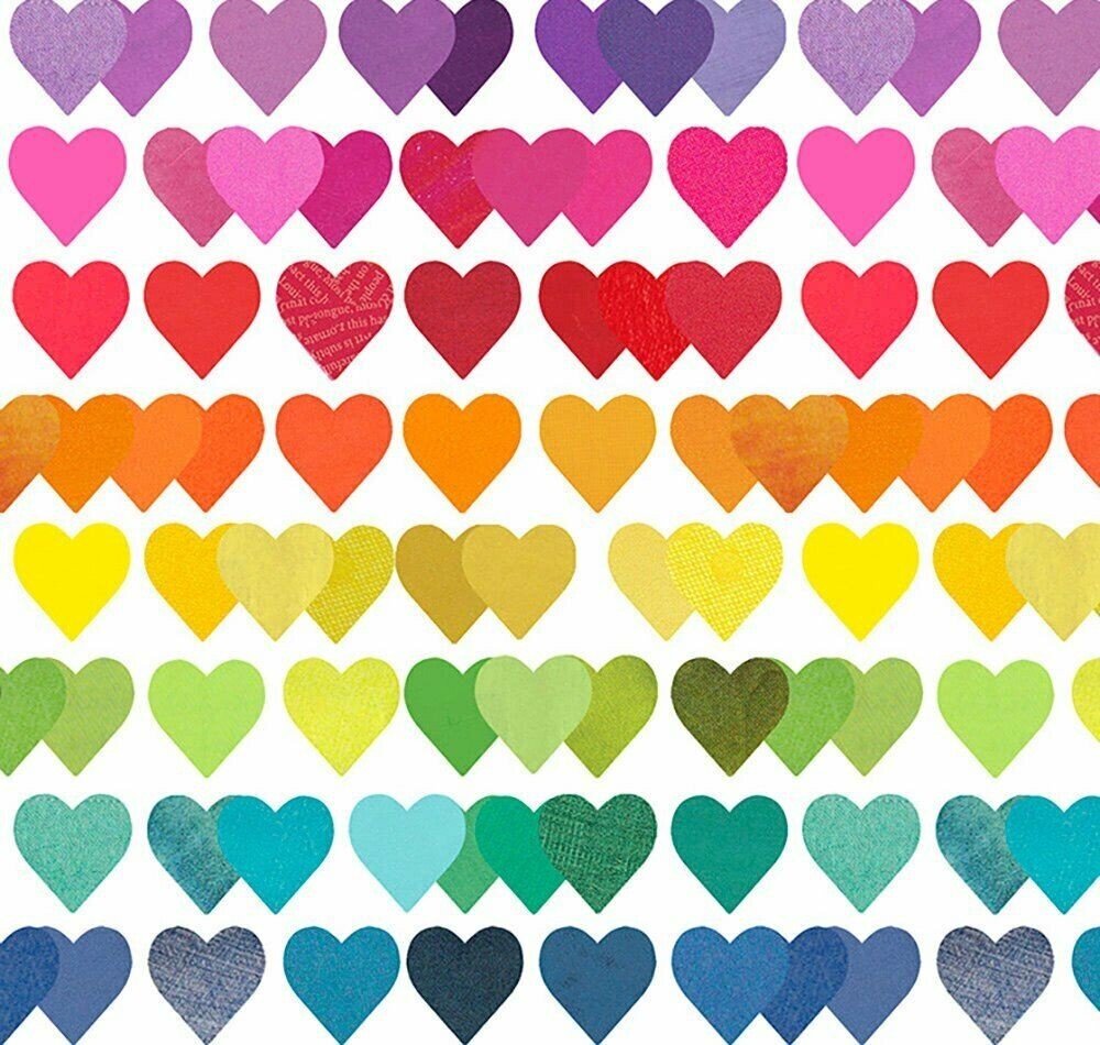 SHINE BRIGHT Rainbow Hearts on White Quilt Fabric Sold by 1/2 Yd Clothworks