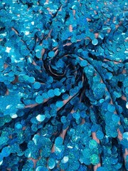 Turquoise Blue Holographic Sequin Fabric on Mesh Petal Bridal Dress Gown