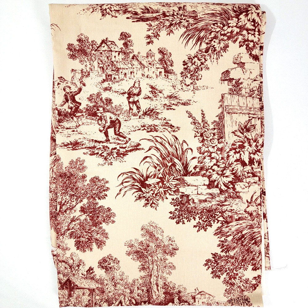 House ‘N Home Fabrics Material Upholstery 54×80″ maroon beige print farm village