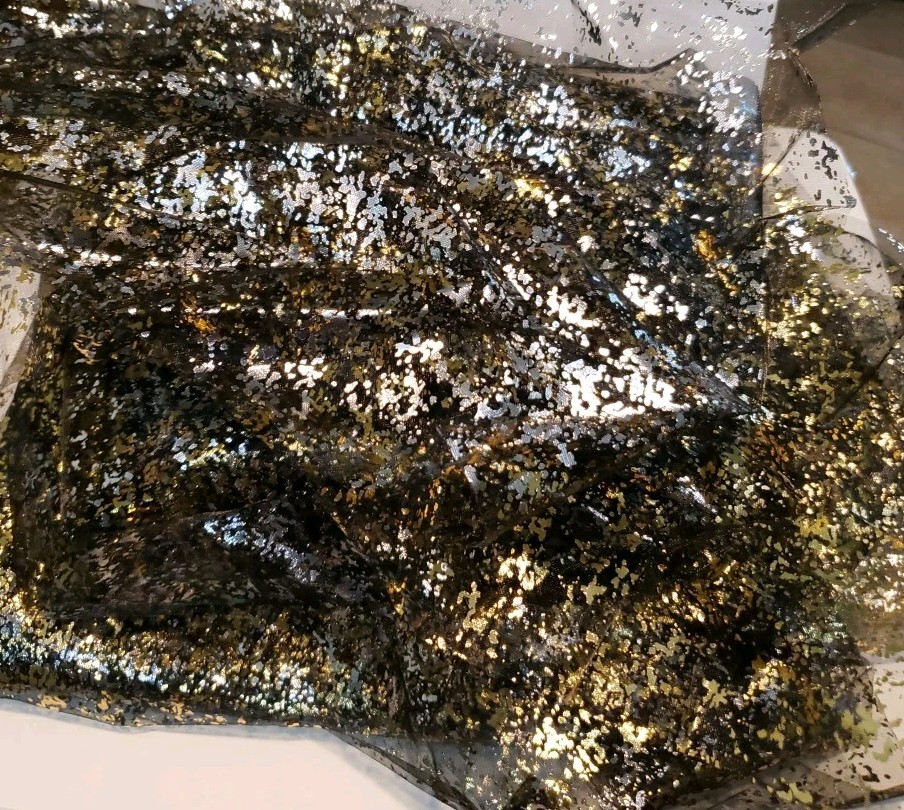 Holiday Fabric/Tablecloths 60×40 (2) 32×10 (1) Black Guaze Gold One Side Silver