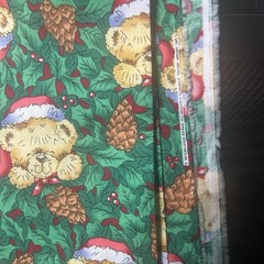 VTG Woodward Christmas Fabric Striped Teddy Bears Holly Green Red White 2.75YDS