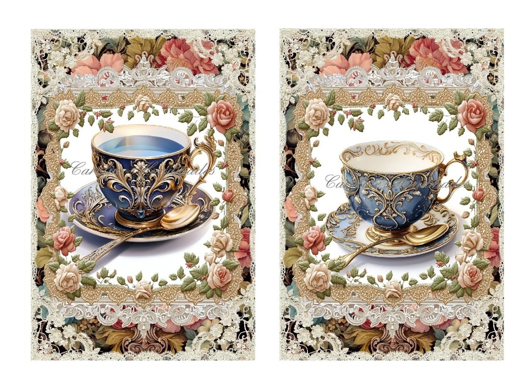 Vintage Tea Cups Lace & Roses A MULTI-SIZE SET Cotton Fabric Quilt Blocks