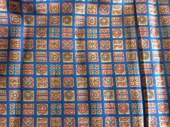 BLUE RAYON W/ SQUARES OF LIGHT BLUE & BEIGE W/ BRICK RED DESIGNS-BY THE YARD
