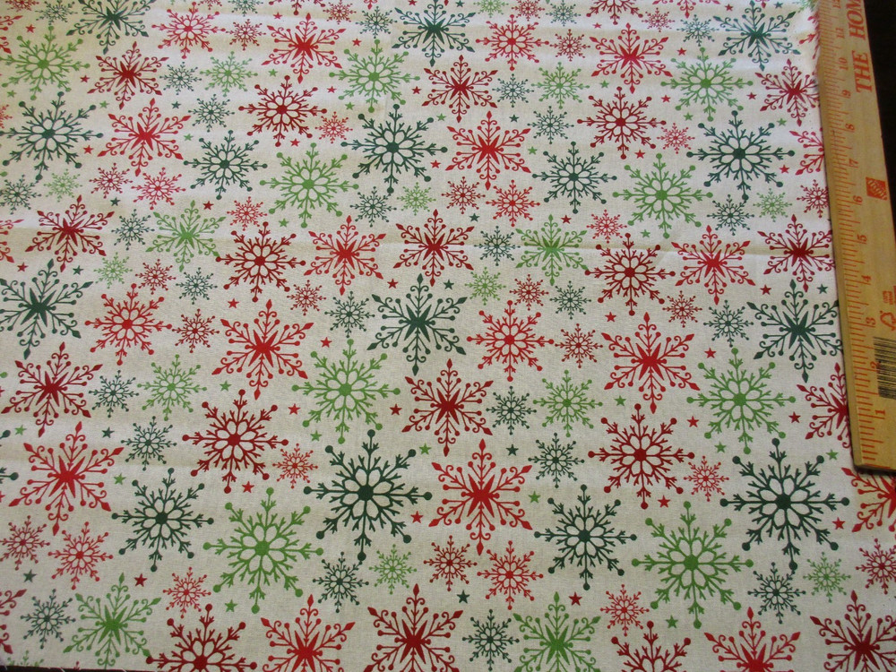 1 Fat Quarter New Cotton Fabric Christmas Red & Green Snowflakes on White