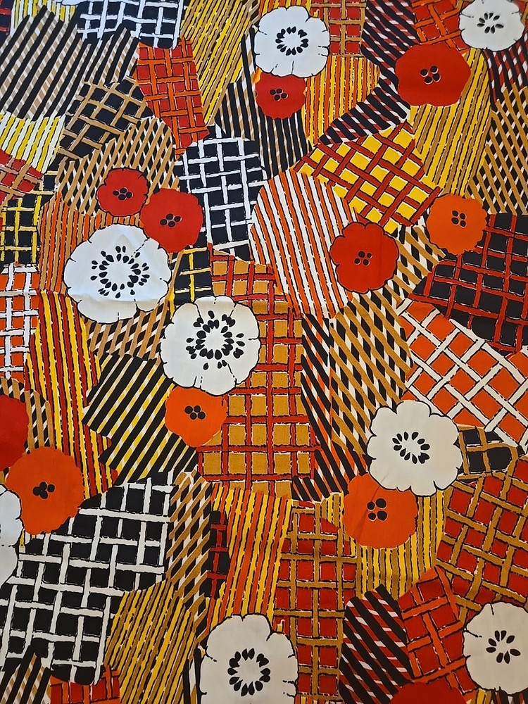 Vtg 70s Klopman Mills Fabric 44”x162” Black Red Orange Floral Hippy Boho Abstrac