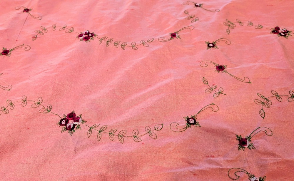 Dusty Pink – Rose & Leaves Embroidered Dupioni Silk Fabric Romantic Shabby Chic