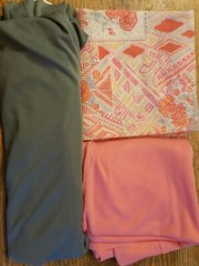 Knit Fabric 1 geometric print 39×66, 2 solid – Peach 62×70 wide- Gray 64×68 wide