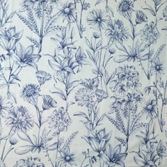 Belle Maison Fabric Floral Botanical Print 39×44 Linen Blend Spain Blue Flowers