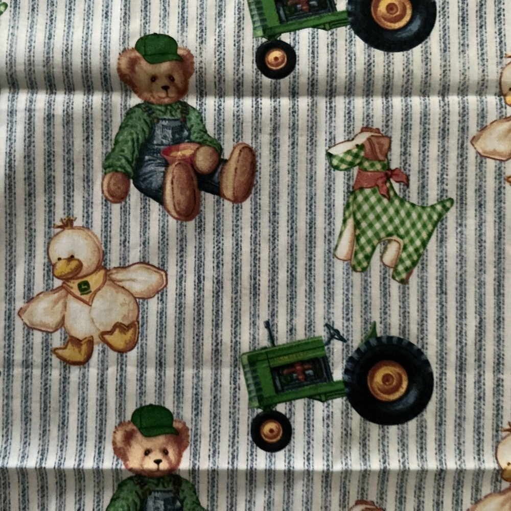 1 Yd 30” x 44” John Deere Tractor Ducks Bears on Blue Ticking Stripes Fabric