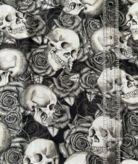Skulls and Roses Cotton Fabric – Halloween – Black, Gray, White – 1 yard