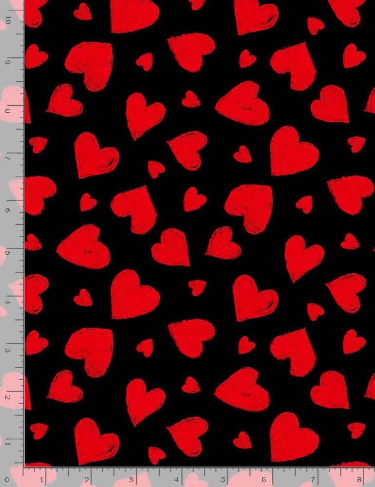Valentine’s Day Fabric – Red Chalk Heart Toss on Black – Timeless Treasures YARD