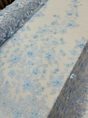 Sky Blue Lace 3d Floral Flowers On Mesh Fabric Sold By The Yard Gown Quinceañera