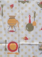 1 yd MCM VTG Gold Avocado Green Red Yellow Kitchen Novelty Fabric Cotton 38″ W