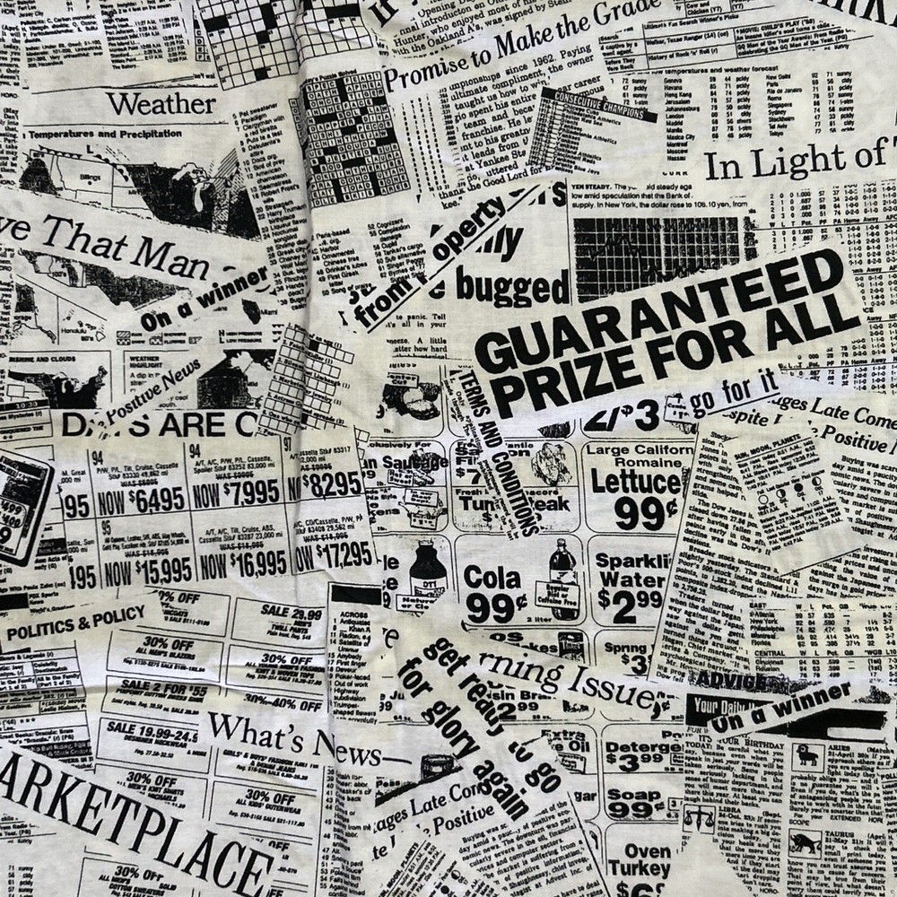 Newspaper Print Cotton Fabric, Ads, Crossword, For Sale, Junk Journal Ephemera