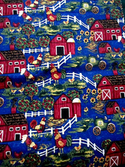 Fabric Red Rooster “Barnyard Banter” Rooster Cow Red Barn Sunflowers $3.50