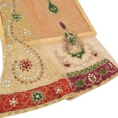 Sanskriti Saskriti Vintage Combo Of Design Fabric Hand Beads Net Mesh Cream Rhin