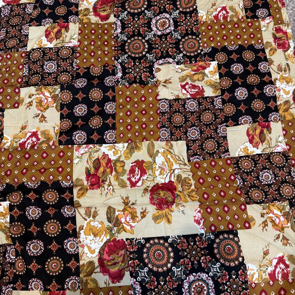 Cotton RAYON 4 Yrds 60” Floral Black Gold Reds Medallions ￼