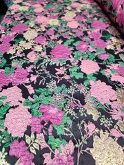 FUCHSIA PINK GOLD Floral Brocade Fabric Sold By The Yard Green Leaves For Dress