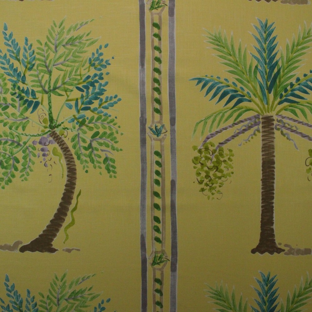 BRAEMORE PALM ISLAND SUNSHINE YELLOW PALM TREE LINEN FABRIC BY YARD 54″W