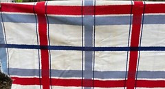 Vintage Fabric: White Red Gray/Blue Black Midweight Cotton Duck Plaid 17″ x167″