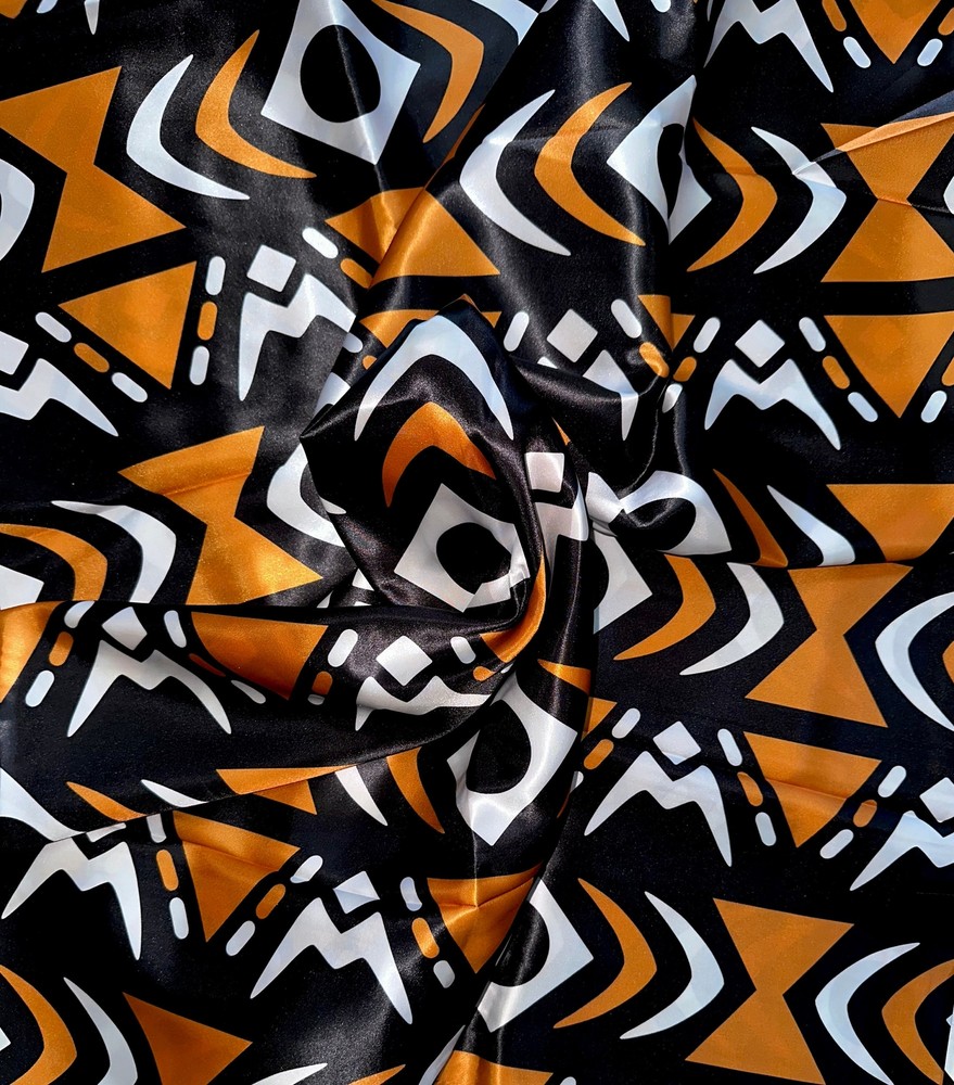 African Print, Satin Fabric – Black, Brown, White “Yaro”, Per Yard or Wholesale