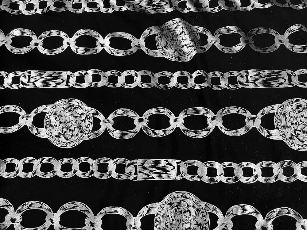 Black Silver Metallic Buckle Chain ￼Printed Fabric 45” Width Sold By The Yard