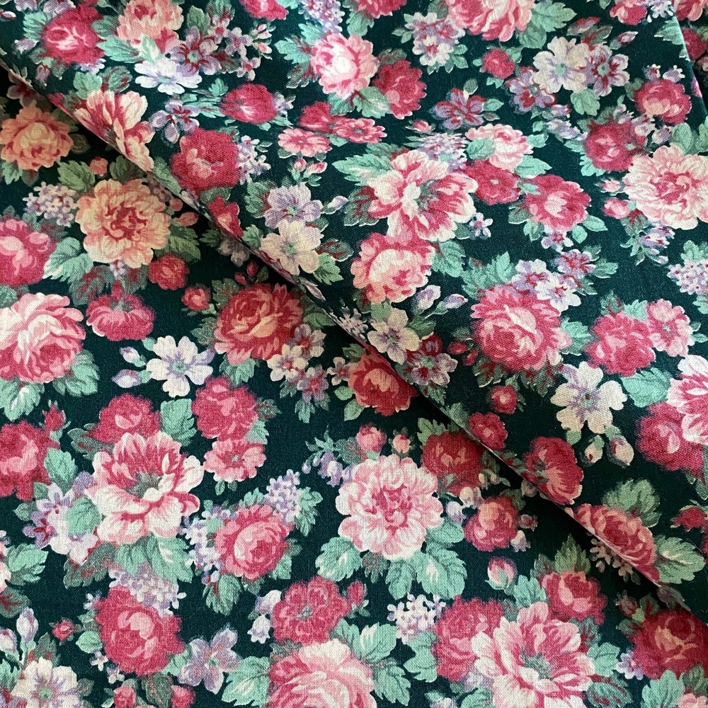 2.5 YD Vintage Floral Fabric Dark Green Cotton Joan Kessler