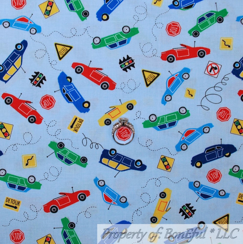 BonEful FABRIC FQ Cotton Quilt Blue Red Yellow Green Road Sign Baby Boy Car Toy