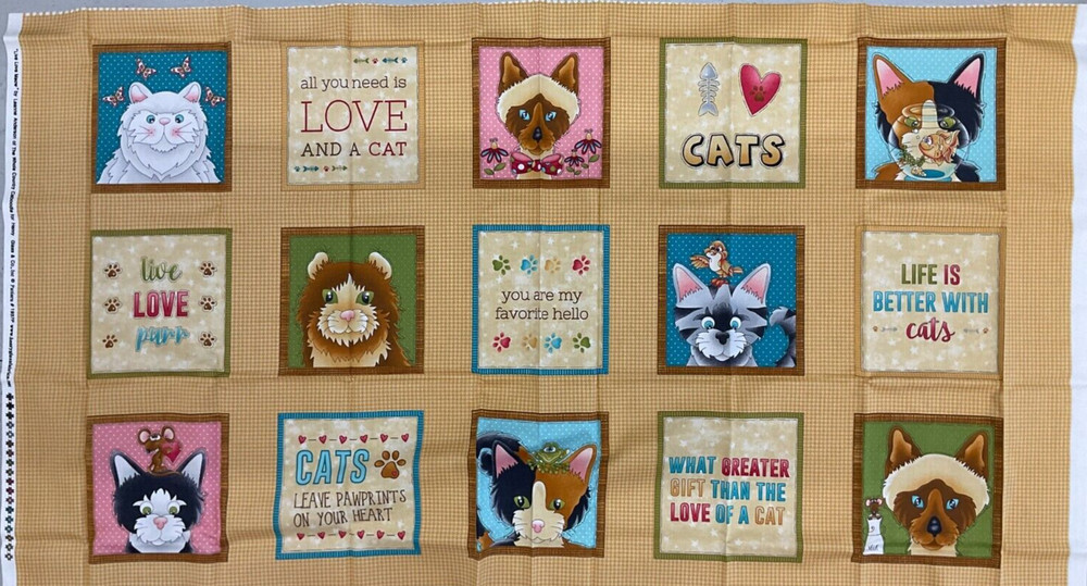 WHOLE COUNTRY CABOODLE-LIVE, LOVE, MEOW PANEL #1937P-33-CAT BLOCKS REPEAT GOLD