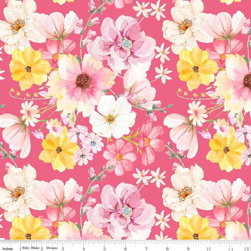 YARD ~ Painted Petals Flowers On Pink ~ $3.99 Ships ANY Amount Of Fabric